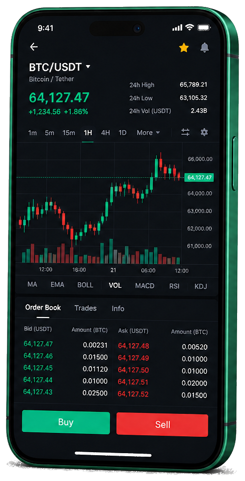 Plataforma FinancePro para trading móvil — gráfico BTC/USDT en tiempo real, libro de órdenes e interfaz para comprar y vender